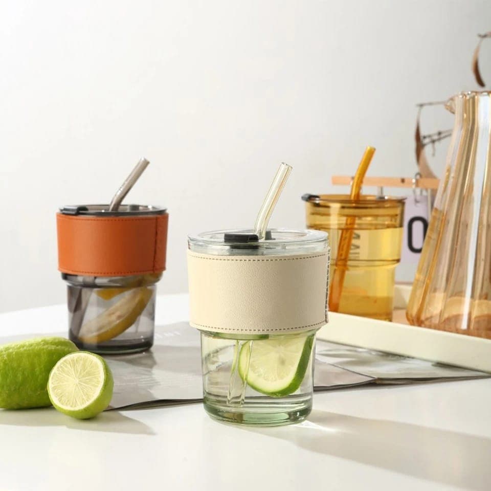 Glass Tumbler with Straw & Sleeve detail view for online shoppers in Pakistan