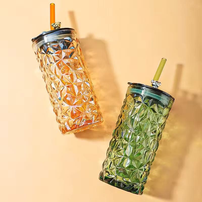 Bear Glass Cup with Lid & Straw detail view for online shoppers in Pakistan