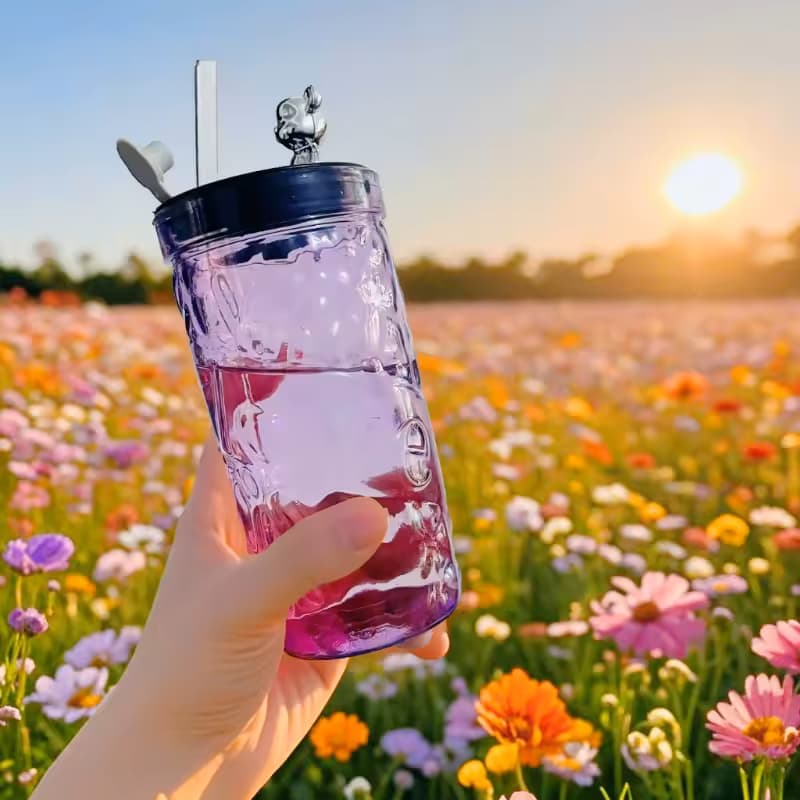 Bear Glass Cup with Lid & Straw — order online with COD in Pakistan